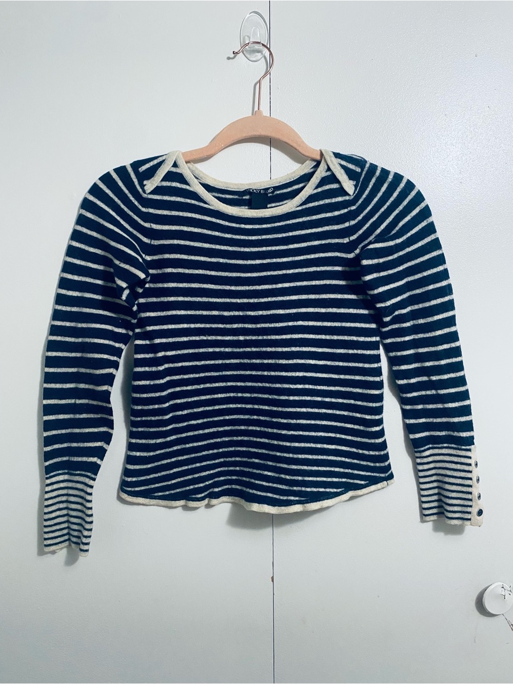 Lucky Brand Striped Navy & Cream Cashmere Knit Pullover size SMALL *READ
